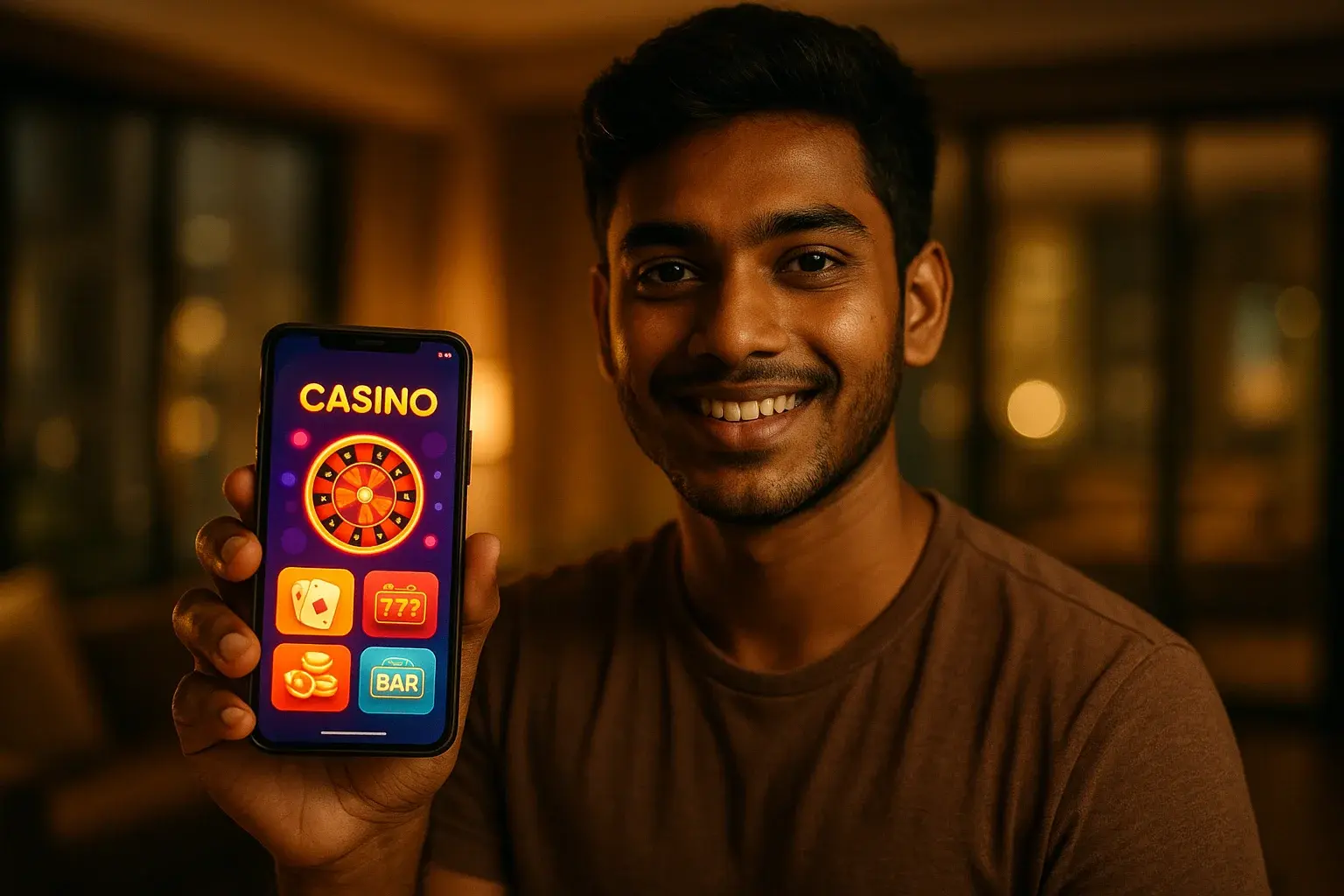 Young Bangladeshi man holding smartphone showing glowing mobile casino app interface