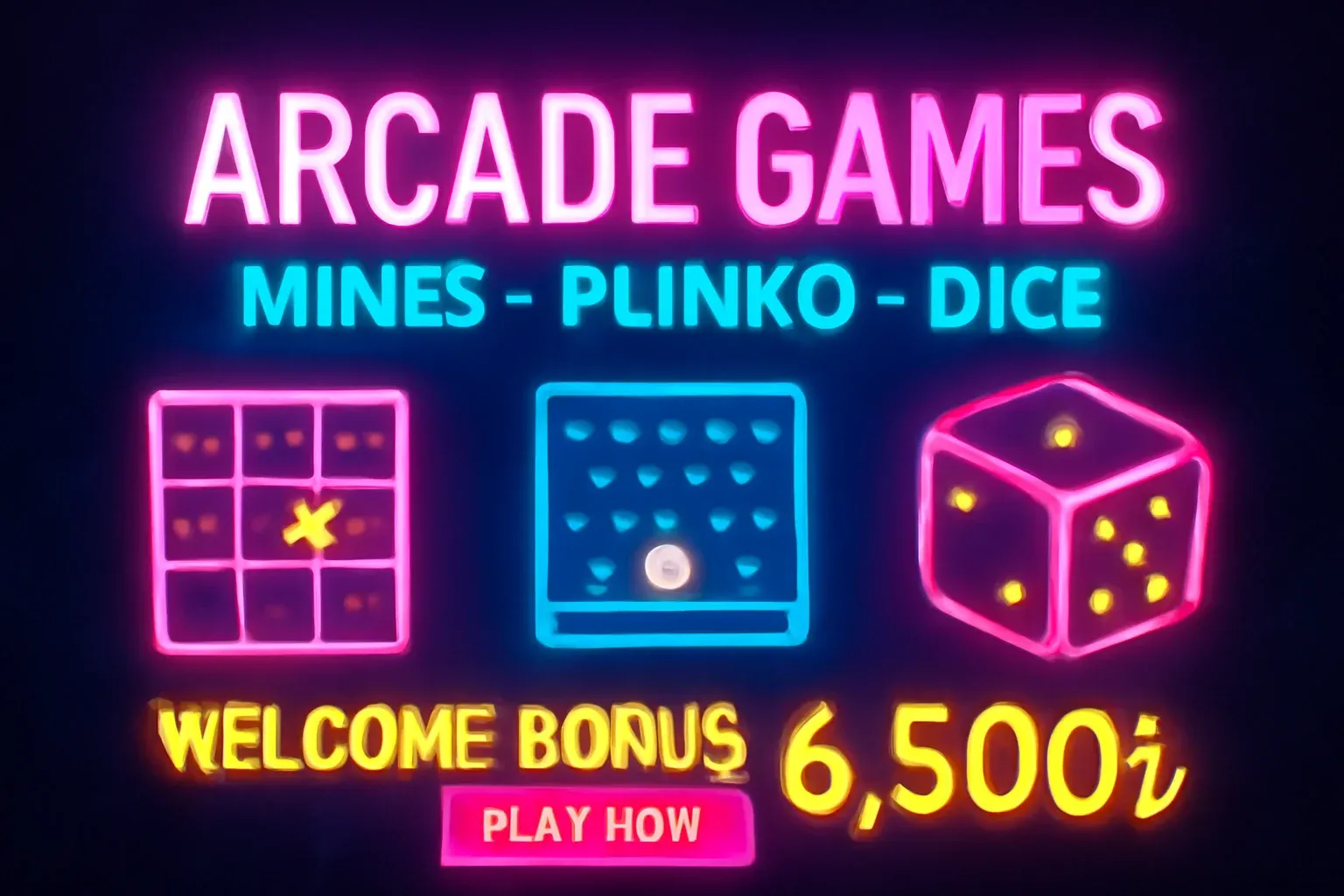 Colorful arcade games advertising banner with neon lights and play now button