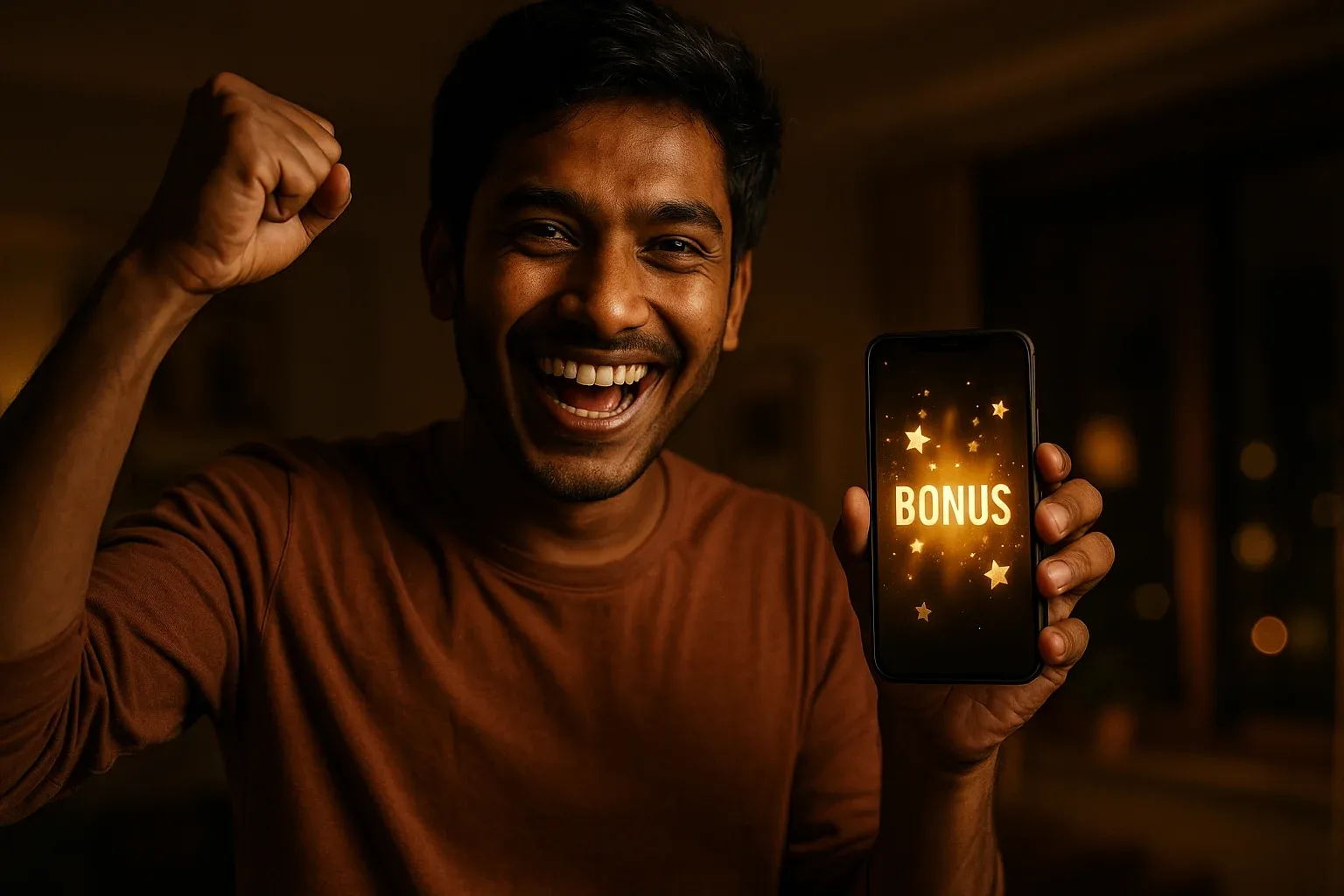 Joyful Bangladeshi man holding smartphone showing glowing golden bonus notification