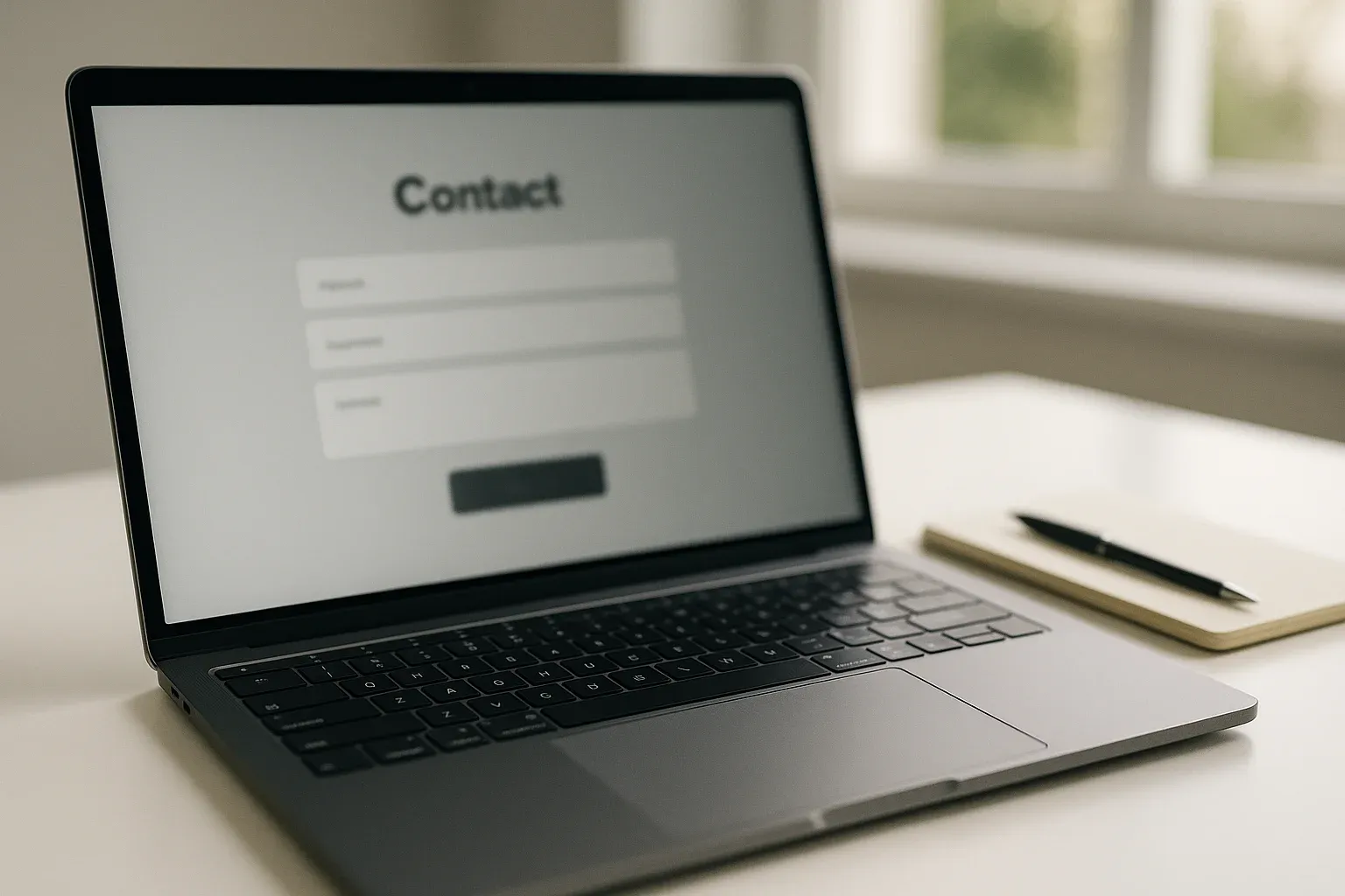 Blurred contact form on laptop on white desk with pen and notepad