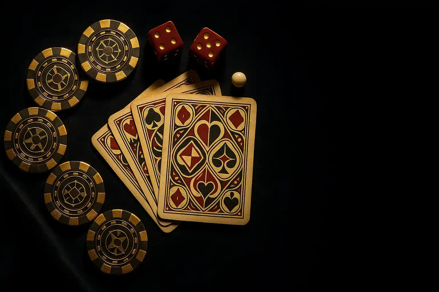 Top-down dark velvet flat-lay with gold chips, cards, dice, roulette ball