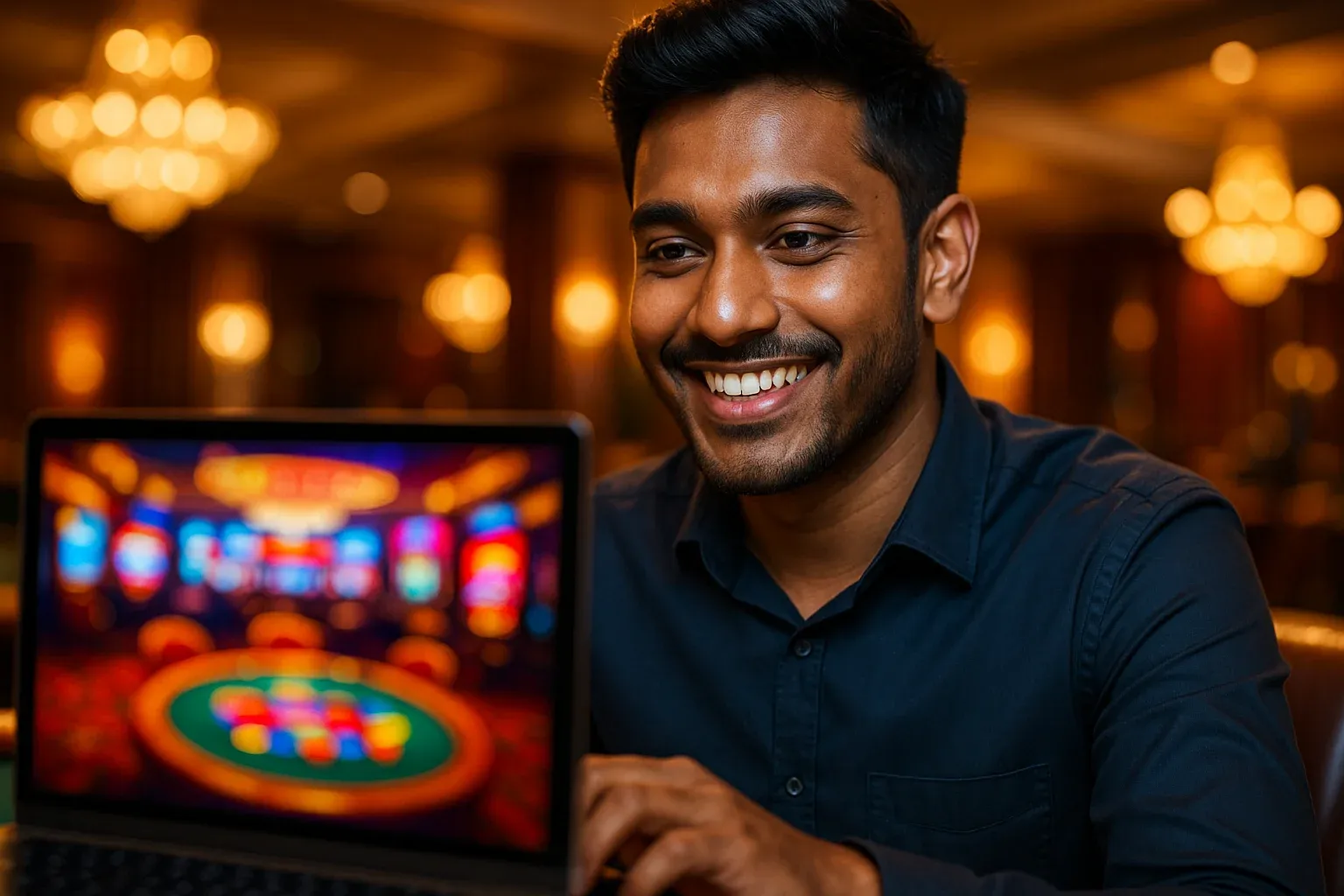Cheerful Bangladeshi man in navy shirt smiling at laptop in casino lounge