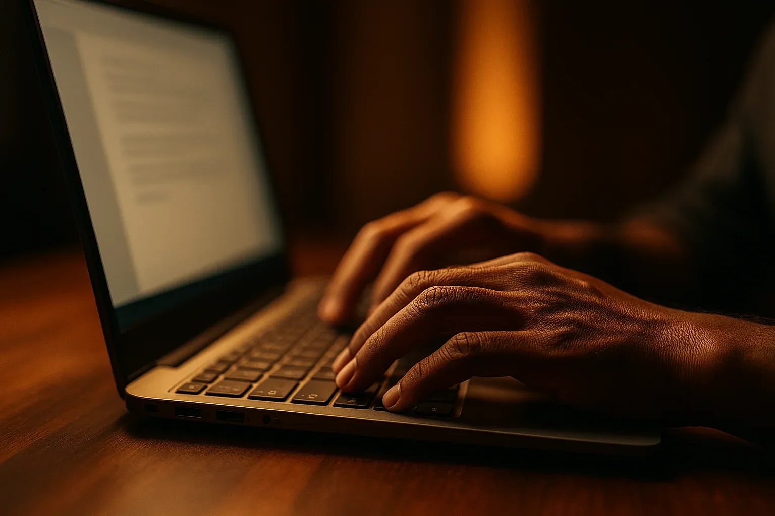 Bangladeshi man hands typing on laptop keyboard in dramatic light