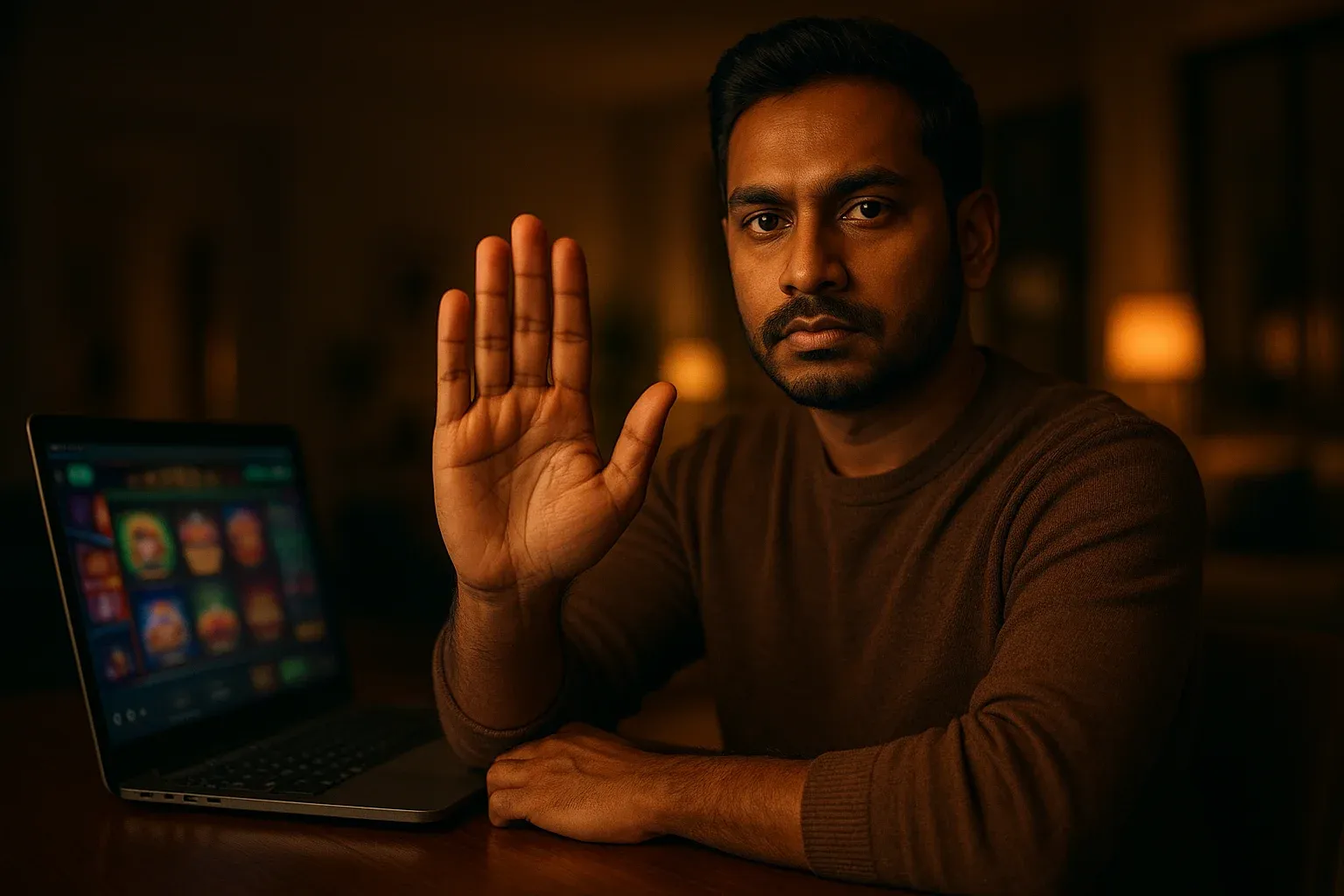 Confident Bangladeshi man signals stop beside laptop with blurred casino screen