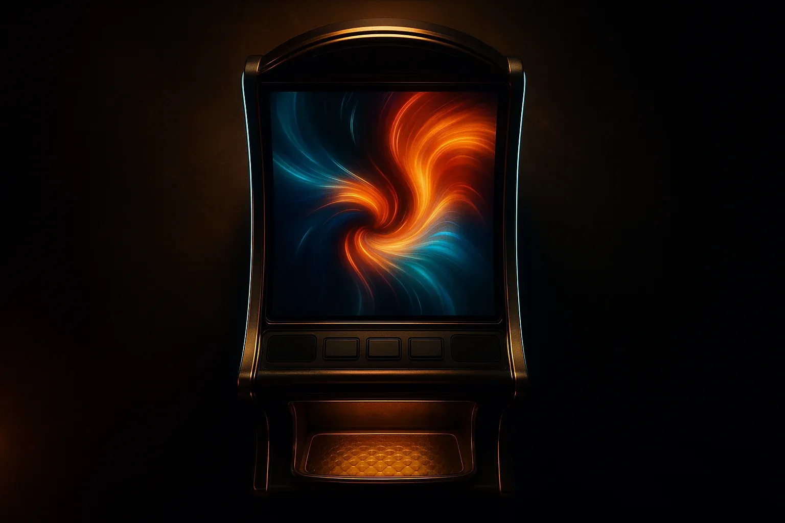 Hyperrealistic premium slot machine in dark luxury setting with neon lighting